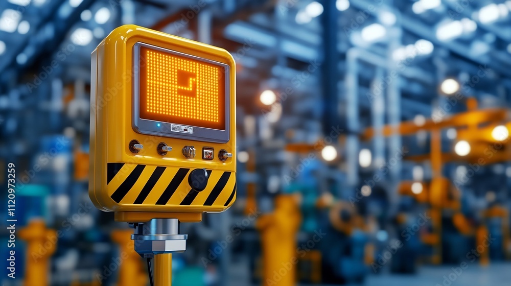 Poster 3d rendered alert system on industrial machine with flashing safety message