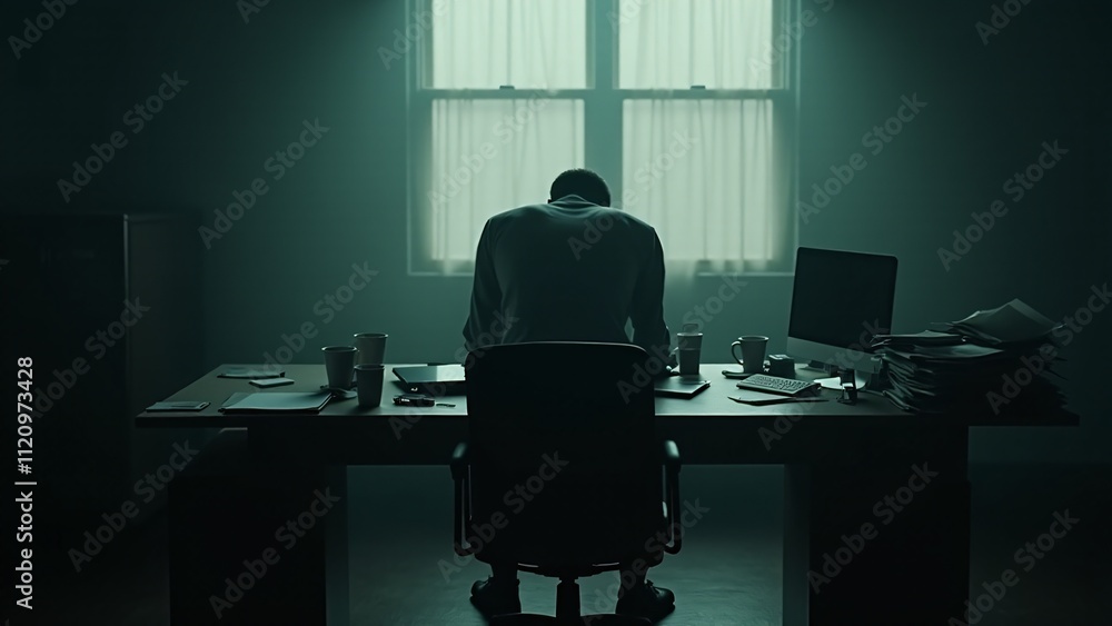 Poster silhouette staring at a broken clock, symbolizing burnout and stagnation. the feeling of an endless 