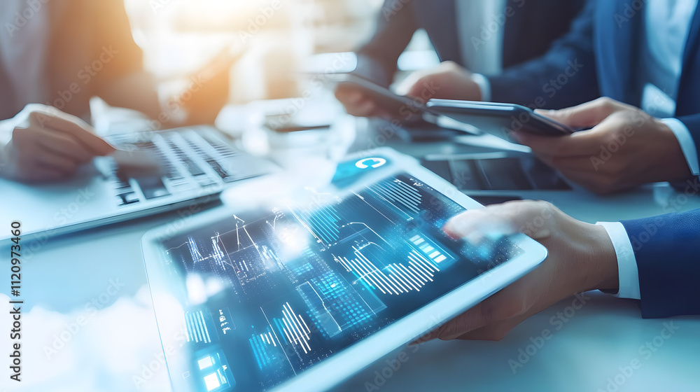 Poster close-up of businesspeople collaborating around a table, using tablets displaying data analytics and