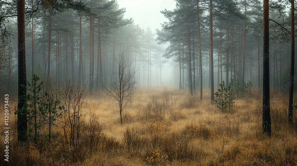 Poster fog envelops a serene forest at dawn, creating an ethereal atmosphere in nature