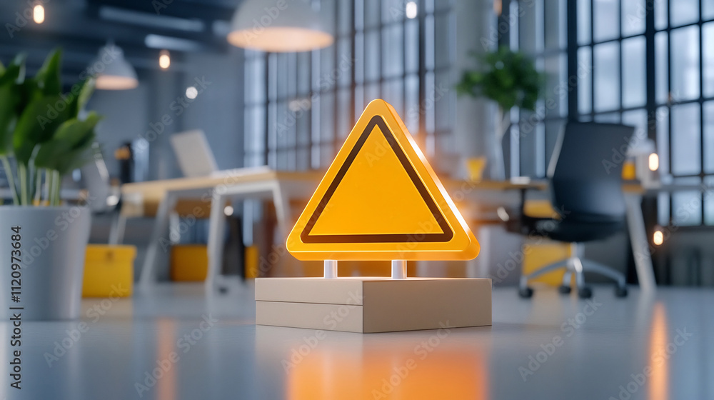 Aufkleber floating caution alert notification symbol in modern workplace setting