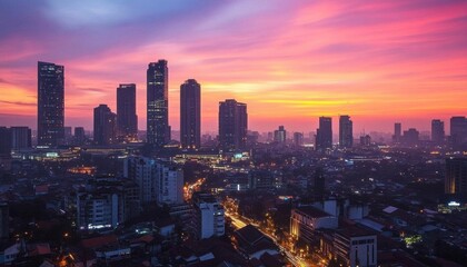 Fototapeta premium A vibrant cityscape at sunset with skyscrapers and urban lights.