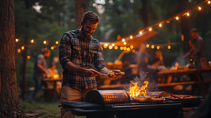 Grilling Burgers Outdoors: A Nighttime Cookout with Friends