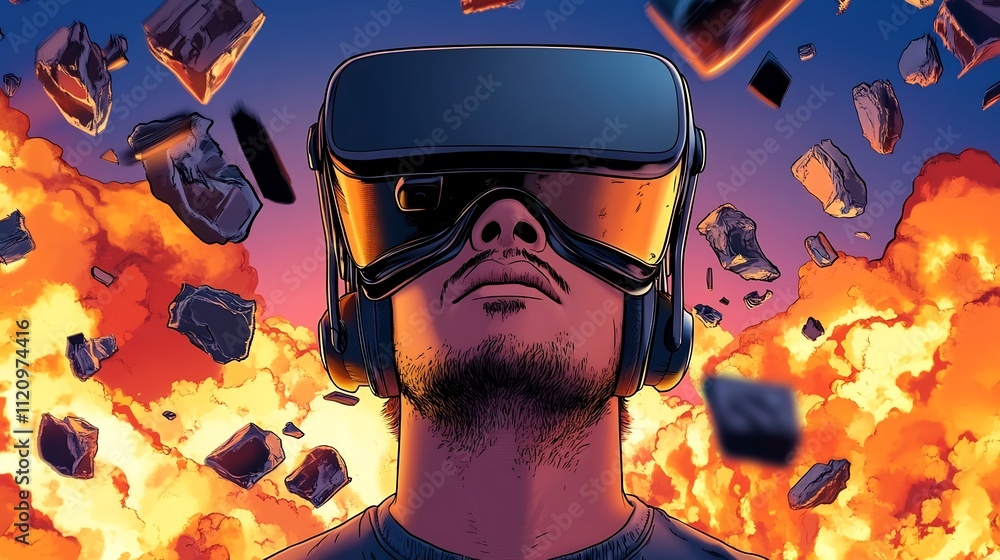 Aufkleber virtual reality headset user facing cybersecurity firewall blocking disinformation stream