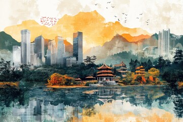 Modern City Skyline Beside Serene Autumnal Lake And Mountains