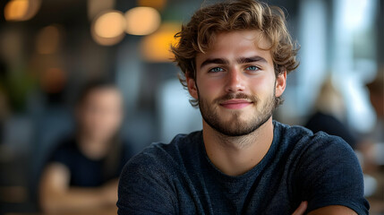 Young Man with Curly Hair Poses Confidently Indoors