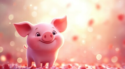 Adorable pink piglet baby with big eye on pink background