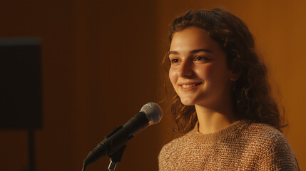 A smiling, curly hair, teenager stands at a microphone, prepared to speak to fellow students