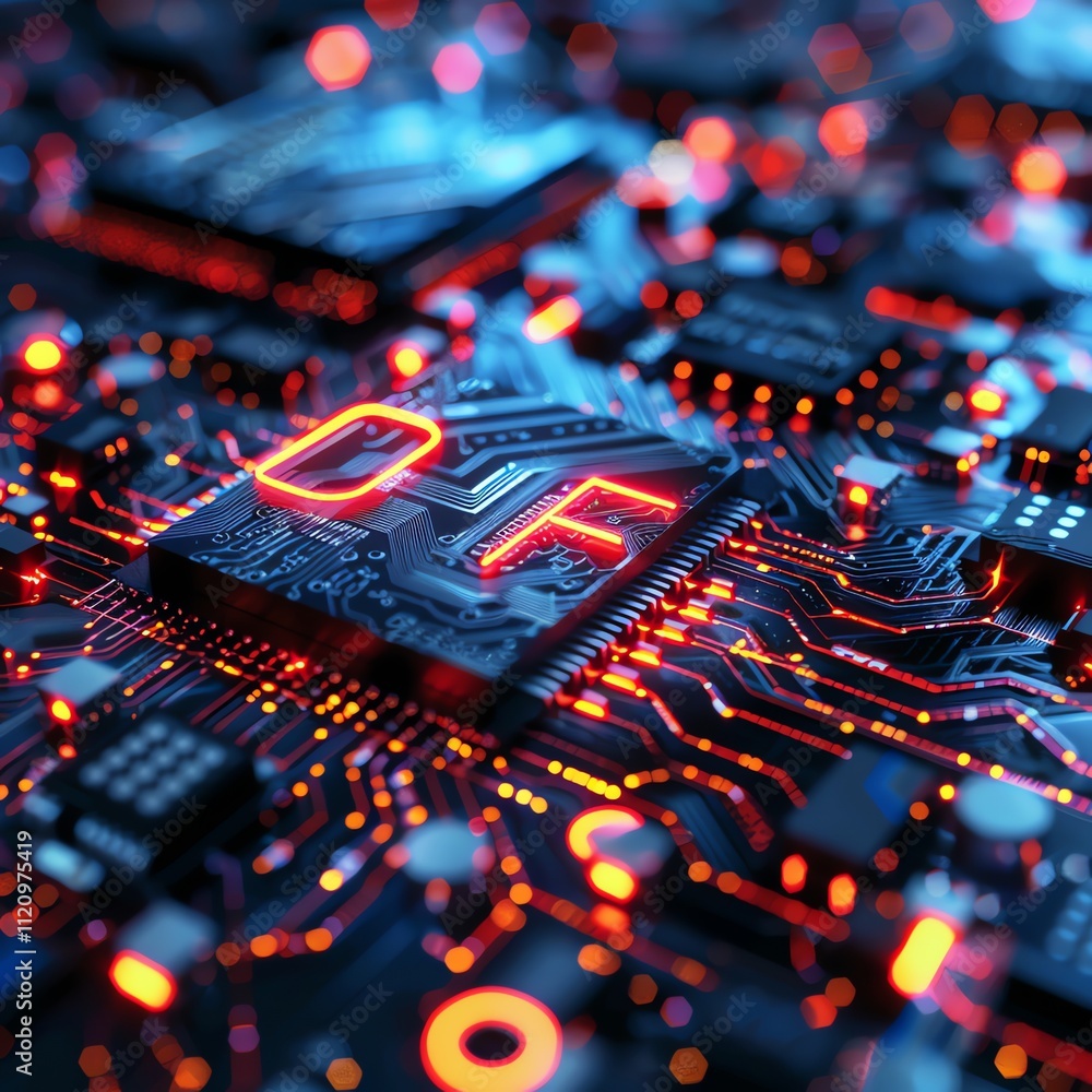Poster close-up of a computer chip with glowing circuitry.
