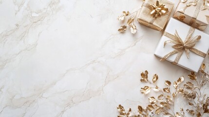 Christmas and new year holiday background with festive gifts on white marble surface, featuring a flat lay of seasonal decorations, ribbons, and wrapping paper.


