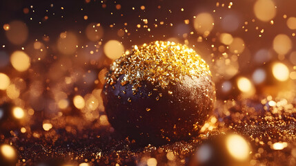 Golden Chocolate Ball with Bokeh Lights Abstract Background