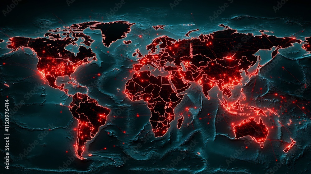 Poster global network map contrasting fake news spread with secure information channels