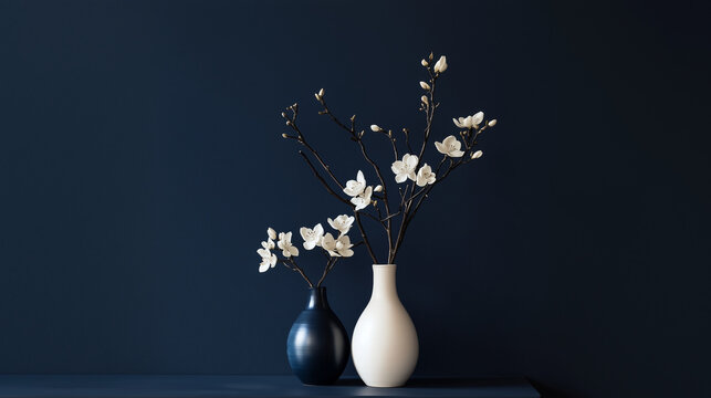 Minimal Navy Blue Interior, White Blossom Flowers and Branches In White and Navy Blue Vases On A Shelf. Still Life, Ceramic Arrangement for Decoration. Copy Space.