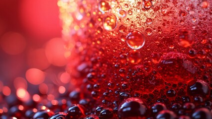 Close-up of Red Cola Bubbles, Abstract Macro Photography of Carbonated Drink with Gradient Background