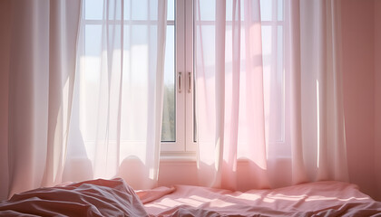 A dreamy composition where a window casts soft, diffused shadows of curtains on a bed with pastel hues. The setting evokes calm and introspection.