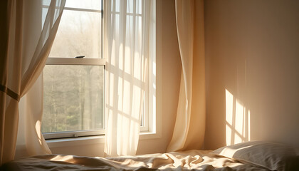 A dreamy composition where a window casts soft, diffused shadows of curtains on a bed with pastel hues. The setting evokes calm and introspection.