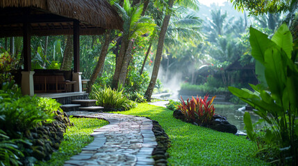 Serene garden path winding through lush greenery near tranquil water in a tropical setting
