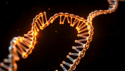 A glowing 3D DNA strand spiraling dynamically in a dark environment, surrounded by particles and light flares to convey progress in genetics and biotechnology.
