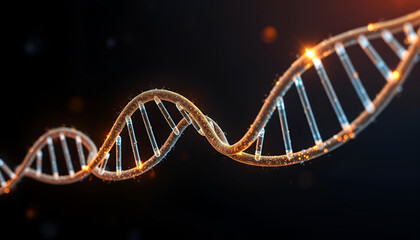 A glowing 3D DNA strand spiraling dynamically in a dark environment, surrounded by particles and light flares to convey progress in genetics and biotechnology.