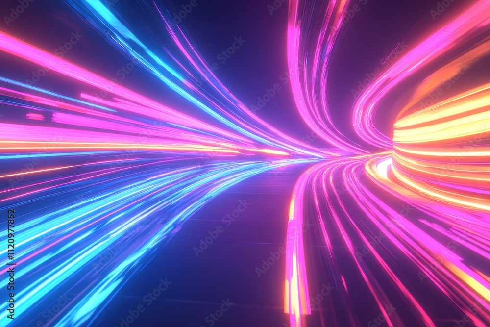 Poster a futuristic scene with neon light streaks creating a sense of speed and motion