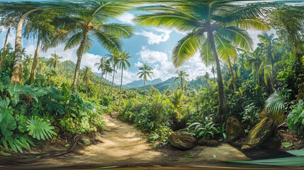 Lush tropical landscape featuring palm trees and mountain backdrop in bright daylight