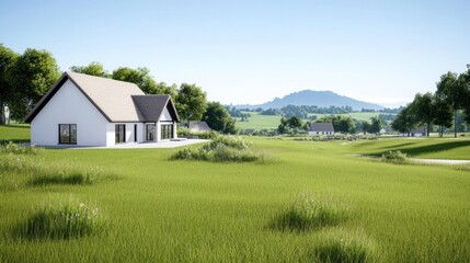 Serene countryside view with a modern house and lush greenery.