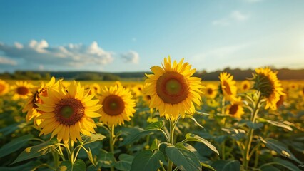 Fototapeta premium Stunning Wide Shot of a Sunlit Sunflower Field under a Blue Sky with Fluffy Clouds, Photorealistic Landscape Photography