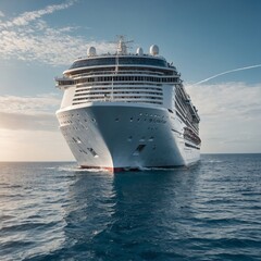 Aerial view of beautiful white cruise ship above luxury cruise close up at stern of cruise sail...