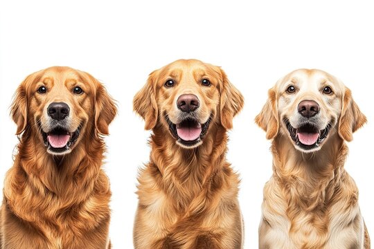 High-quality collection of three joyful golden retrievers isolated on a white backdrop. Generative Ai