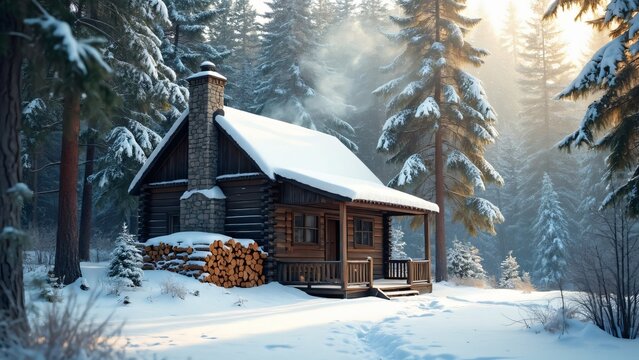 Secluded Snow-Covered Log Cabin in Winter Wonderland Forest - Powered by Adobe