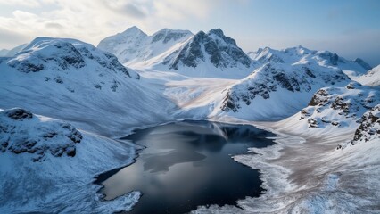Stunning Aerial View, Snow-Covered Scottish Highlands Mountains & Lake - Breathtaking Winter Landscape Photography