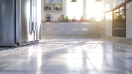 Fototapeta premium Modern kitchen interior with sunlit floor and stainless steel appliances.