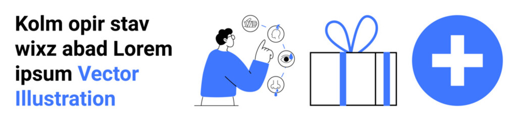 Obraz premium Man in blue interacting with icons, a gift box symbolizing rewards, and a plus sign for positive outcomes. Ideal for business strategies, goal setting, productivity tools, online courses