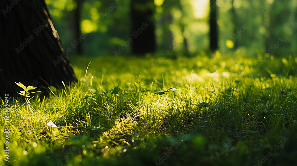 Aufkleber sunlight filtering through trees illuminates lush green grass in a serene forest setting