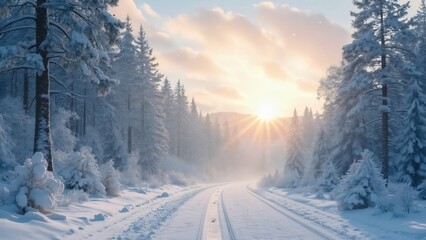 Magical Snowy Forest Road, Sunlit Winter Wonderland Landscape with Falling Snowflakes