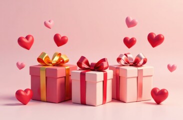 multicolored, gift boxes in a beautiful festive wrapper, hearts free space for advertising, on a light background, three te