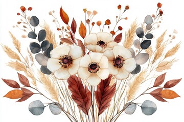High-quality watercolor illustration of a bohemian flower arrangement set on a white backdrop. Generative  Ai