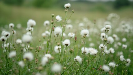 Fototapeta premium Enchanted Meadow, Field of Fluffy White Flowers, Soft Focus Background