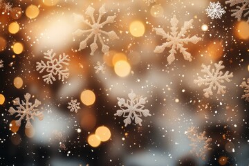 A magical winter scene featuring falling snowflakes of various shapes and sizes