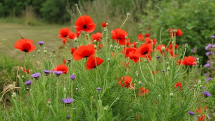 Fototapeta premium Vibrant Red Poppies and Wildflowers in a Lush Garden Setting, A Stunning Display of Nature's Beauty
