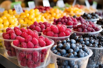 A variety of berries and small fruits including blackberries and blueberries in clear plastic cups