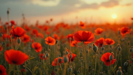 Fototapeta premium Stunning Sunset View of a Vibrant Poppy Field, National Geographic Style Photography