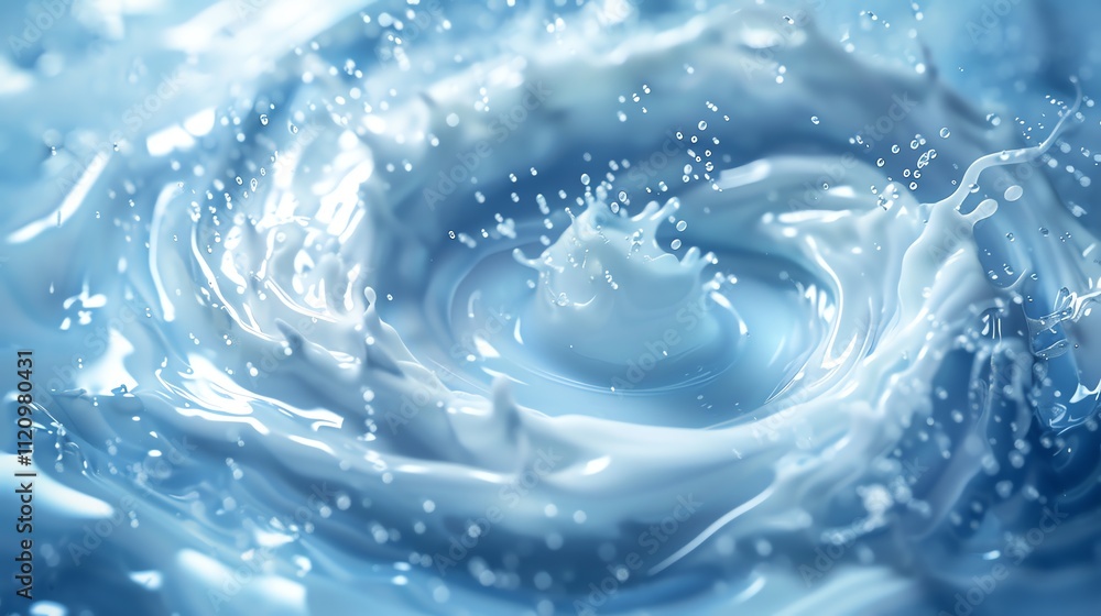 Poster close-up of swirling, splashing milk creating a vortex.