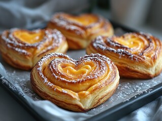 Freshly baked heart-shaped pastries. A close-up photo of delicious pastries for a Valentine's Day celebration, showcasing the sweet treats.