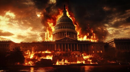 Fototapeta premium A dramatic depiction of a burning Capitol building amidst a fiery sky.