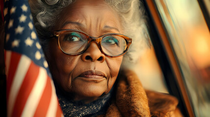 Elderly Woman Contemplates Life's Journey, Reflecting on Patriotism and the American Flag.