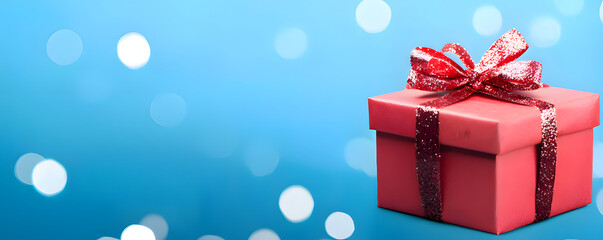 Cyber Monday concept. A vibrant red gift box adorned with a shiny ribbon, set against a soft blue background with bokeh effects, perfect for celebrations or holidays.