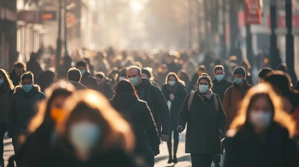 a crowd of people walking down a street wearing face masks