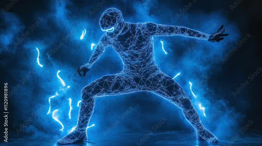 Poster a glowing figure in a dynamic pose, representing energy and movement through digital effects.