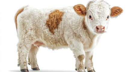 Fototapeta premium White calf with brown patches on white background. Perfect for agriculture, livestock, and animal themes.